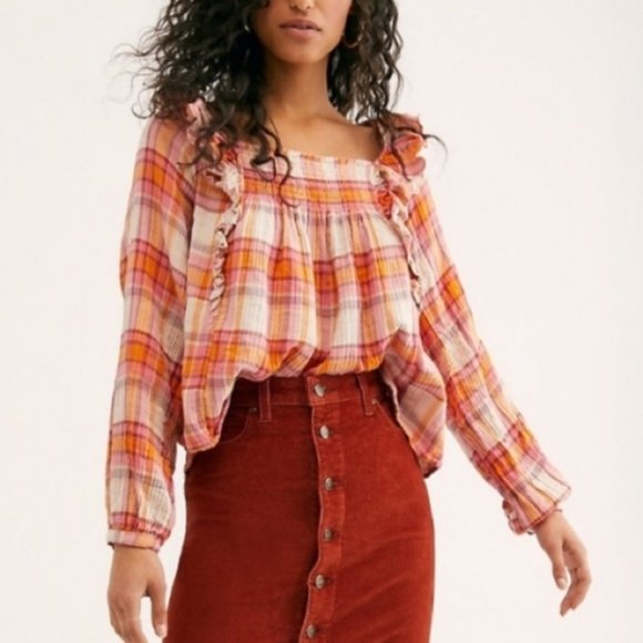 Free People Siena Plaid Boho Top Small NWT - Picture 6 of 7